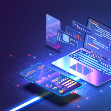 Picture of laptop and images of different screens in front of it.